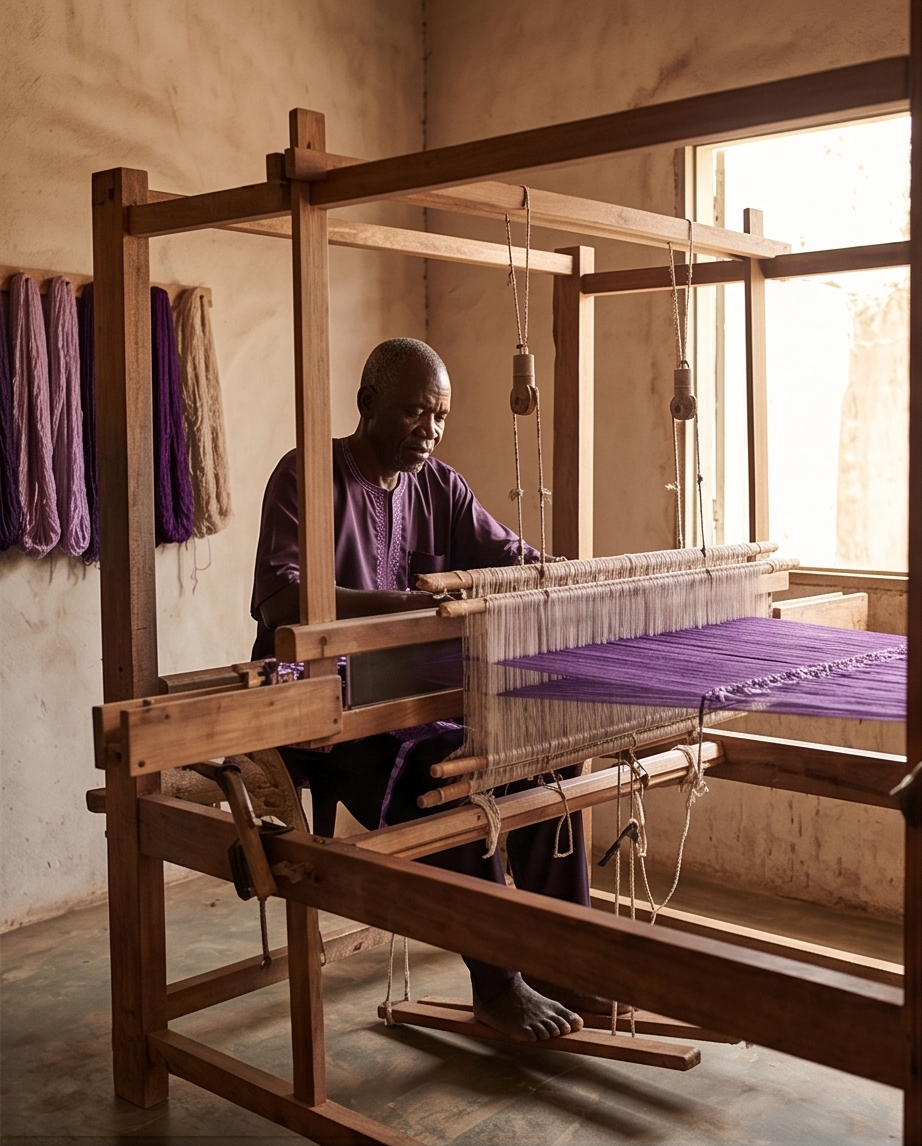 Artisan au métier à tisser le pagne manjak